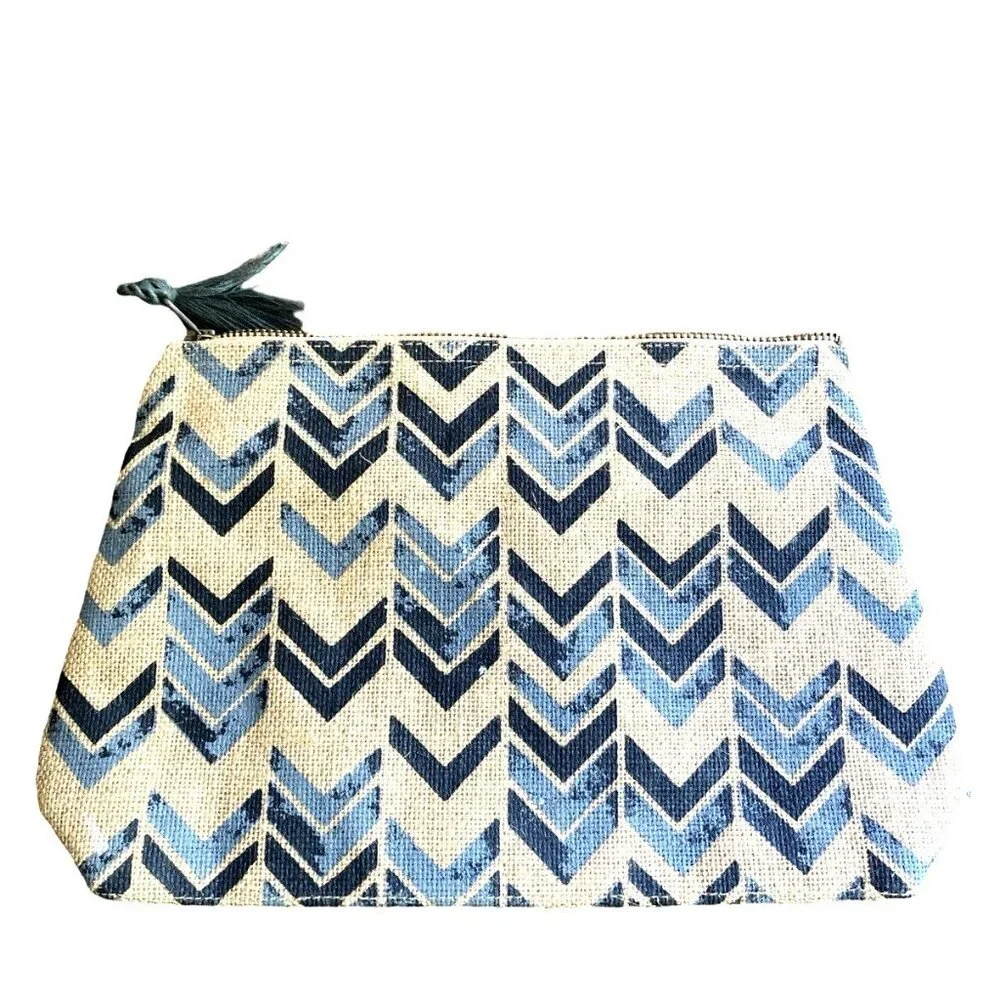 Neiman Marcus Chevron Cosmetic Bag Blue Beige Jute Zip Tassel Travel Makeup